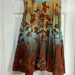Lapis A-Line Skirt with Floral Design in Brown and Blue